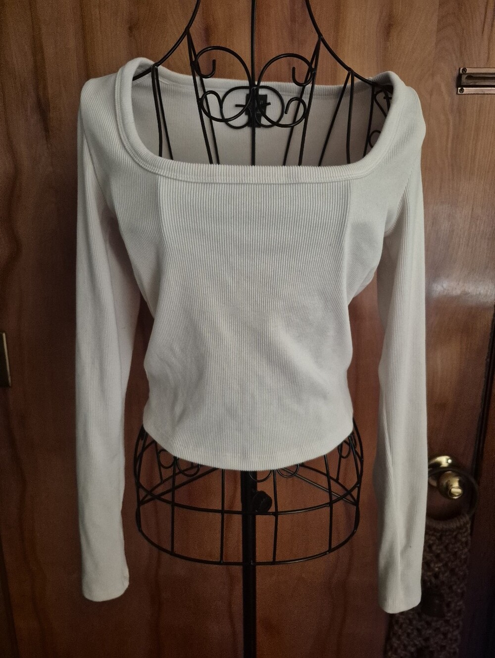 wild fable White Ribbed Square-Neck Long-Sleeve Top